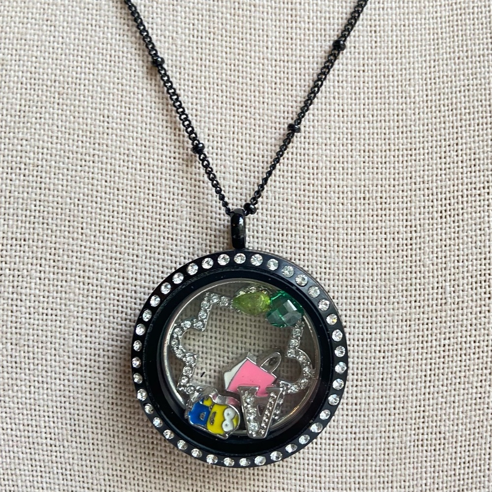 Origami Owl Living Locket black necklace rhinestones charms crystals quatrefoil